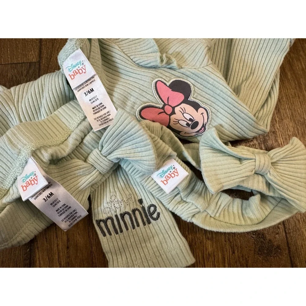 Disney Baby Minnie Mouse 3/6 Months 3 Piece Outfit Green‎ Shirt Pants Headband